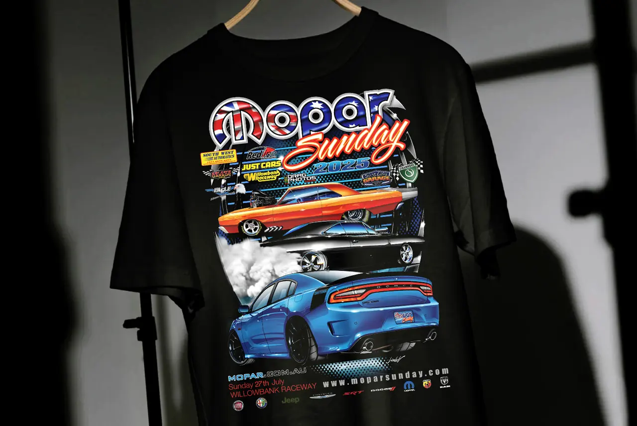 Black event t-shirt with a full-colour car print