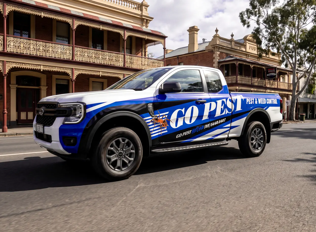 Fully wrapped ute with fleet signage in a heritage streetscape