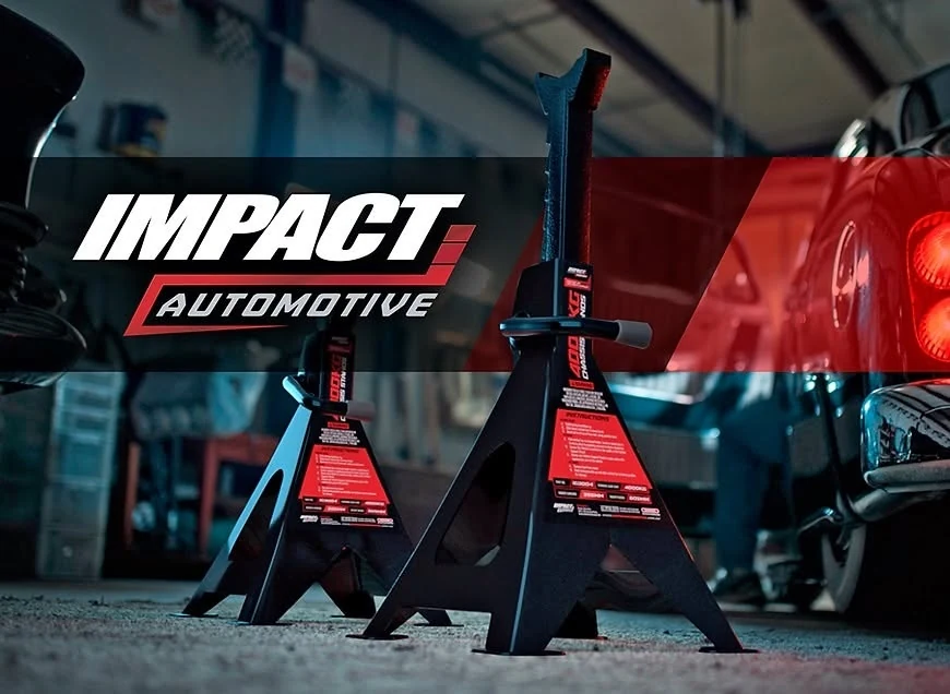 IMPACT Automotive brand graphic: two black 4000 kg chassis jack stands on a garage floor beside a classic car with glowing red tail lights, under the red and white IMPACT Automotive logo