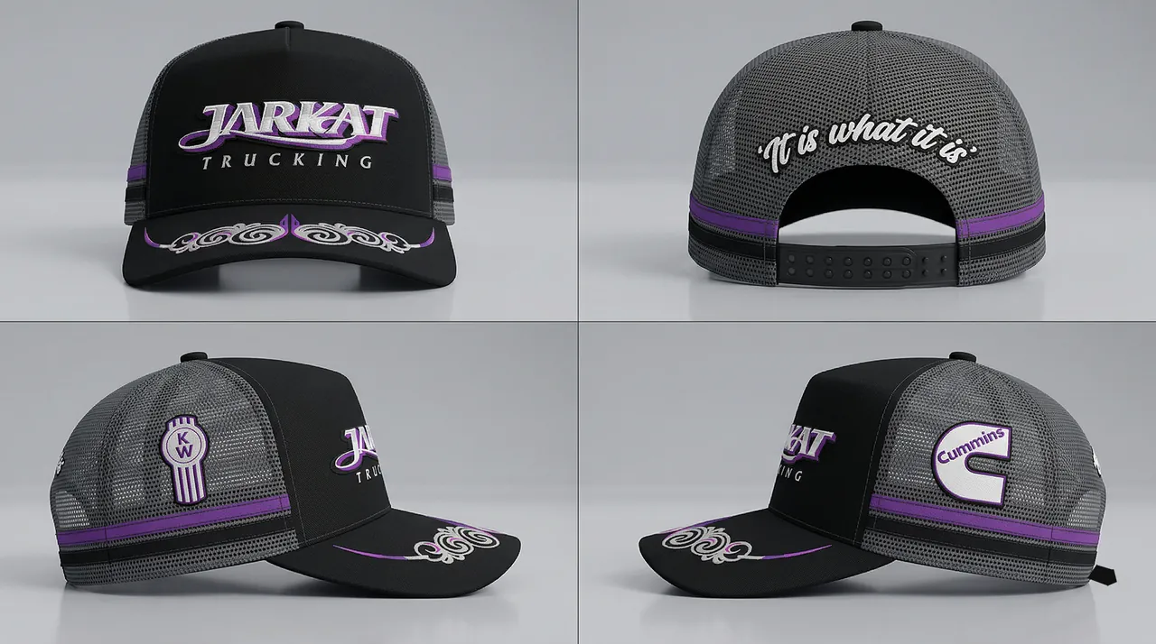 Jarkat Trucking custom trucker cap design shown from four angles: black and grey mesh, purple stripes, KW and Cummins side patches