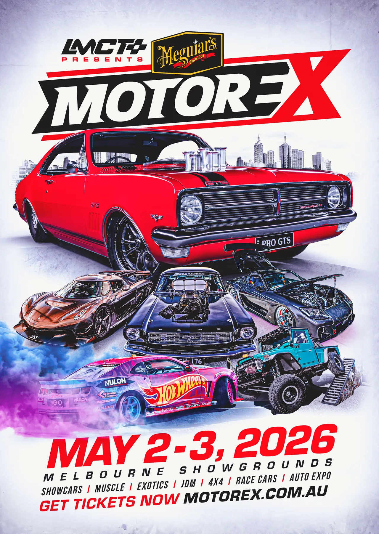 MotorEx 2026 event poster with a red classic car and the Melbourne skyline