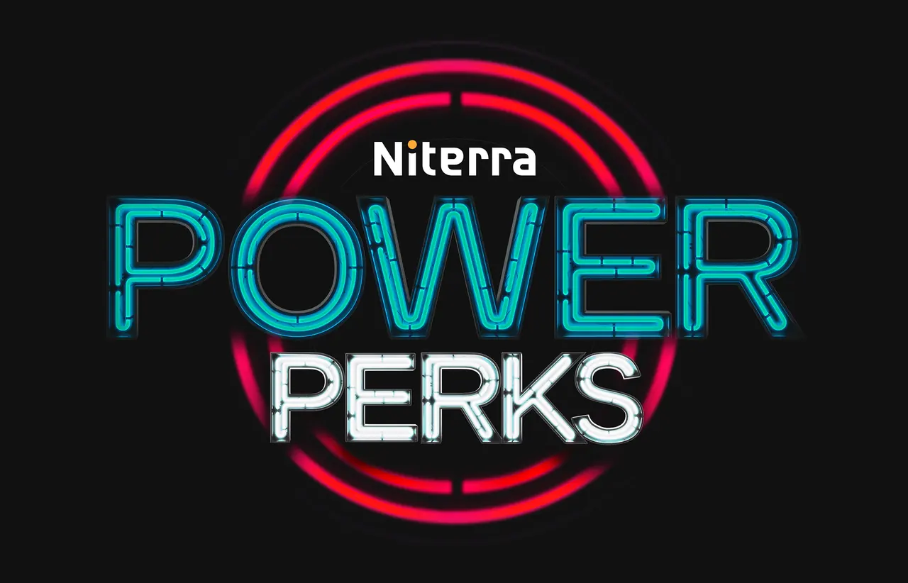 Niterra Power Perks neon logo graphic on black, with cyan neon lettering and red neon rings