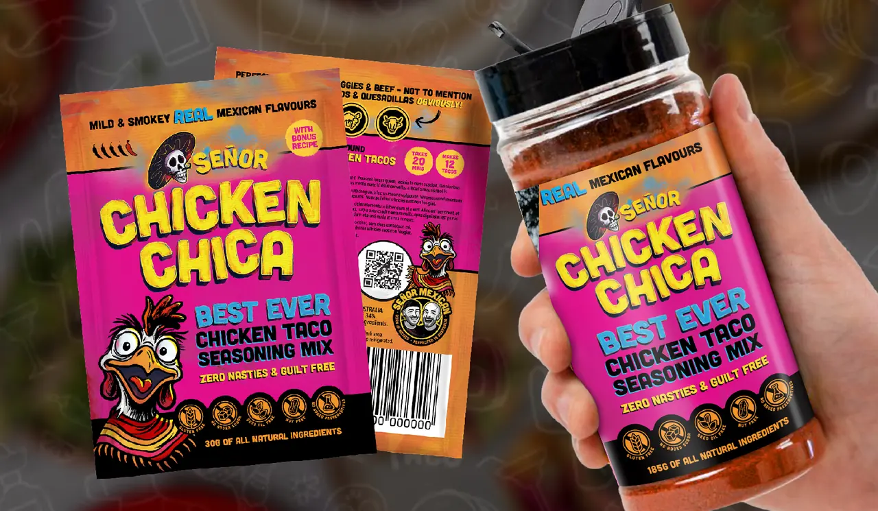 Señor Chicken Chica taco seasoning pouch front and back with a shaker bottle in hand