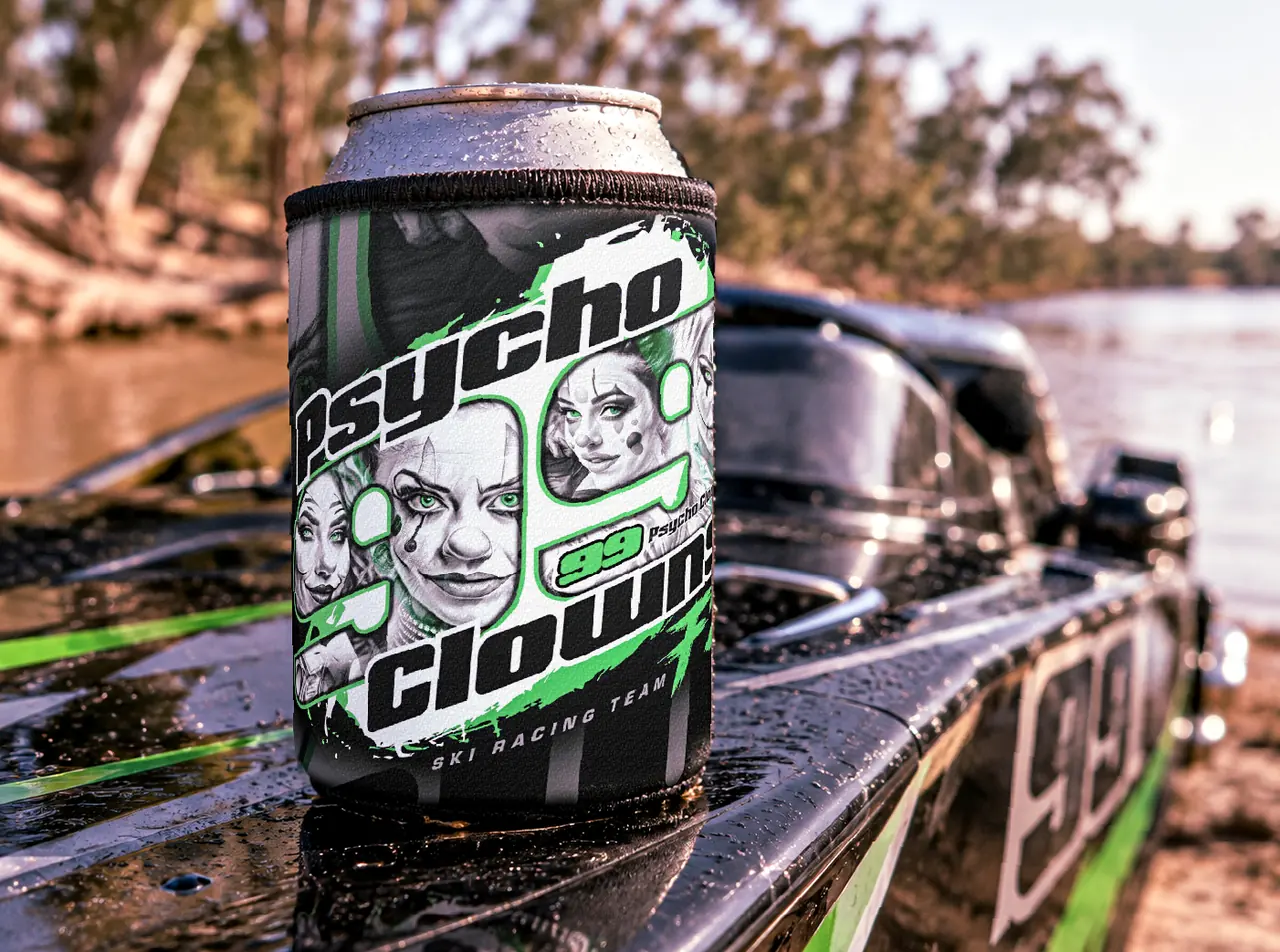 Custom printed stubby holder on a boat