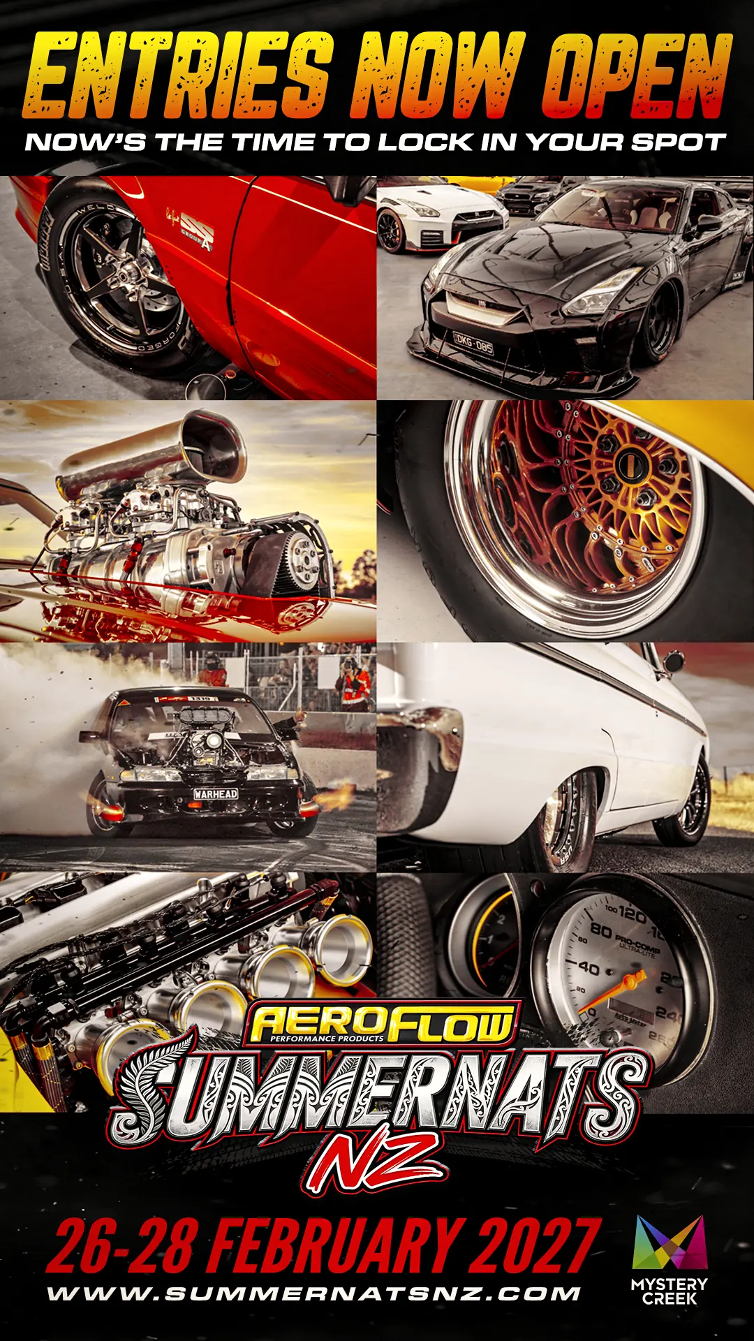 Aeroflow Summernats NZ poster: "Entries now open" over a grid of street machines, blown engines, wheels and a burnout, 26–28 February 2027 at Mystery Creek
