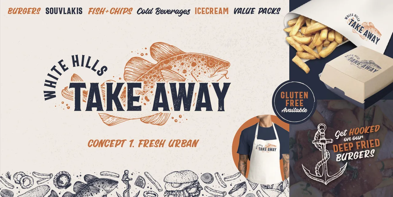 White Hills Take Away brand concept: logo, packaging and apron